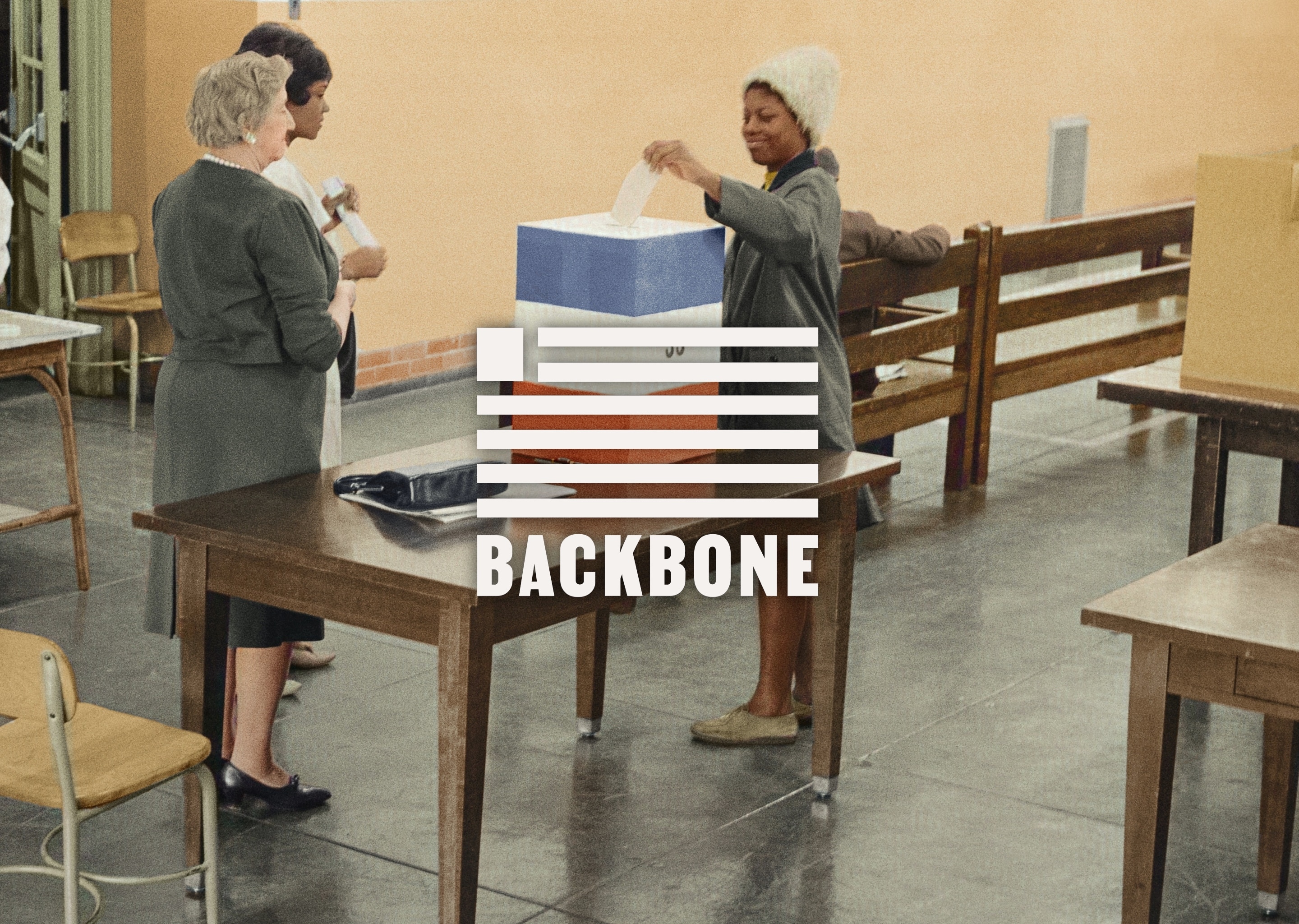 A Black woman in the 1960s places a ballot in a ballot box as two women watch.